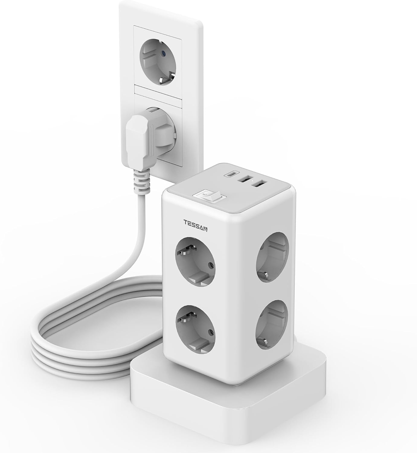 prelungitor tip turn tessan ts-306ts-c, 6 prize, 2 usb, 1 usb-c, 3a, cablu 2m - imagine 8